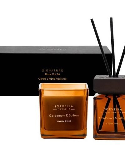 Sorvella Signature dovanų rinkinys Kardamonas ir Šafranas: namų kvapas 200ml + žvakė 200g